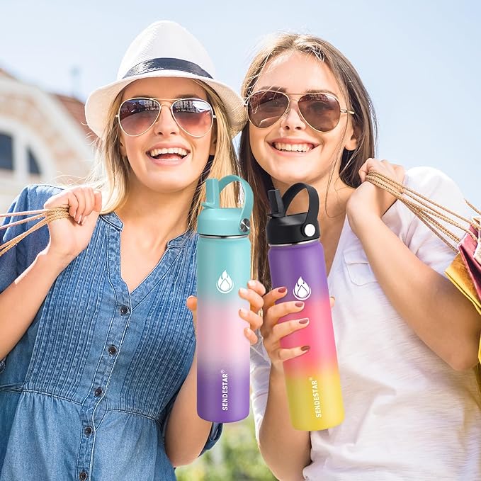 SENDESTAR Water Bottle 40oz Double Wall Vacuum Insulated Leak Proof Stainless Steel Sports Water Bottle—Wide Mouth with New Flex Straw Lid & Spout Lid (White&Voilet)