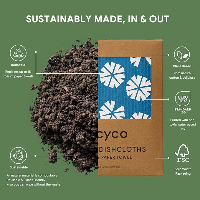 RECYCO Swedish Dishcloths for Kitchen | 6 Pack Wave Washable Dish Rags | Cellulose Reusable Cleaning Paper Towels | Absorbent Counter Dish Cloth Sponge Kitchen Wipes, 8" L x 7" W