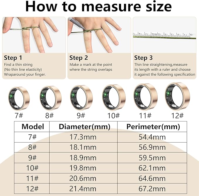 Thin Smart Ring for Fitness & Health Tracking -Pedometer,Sleep/Heart Rate/Blood Oxygen Monitor, Gesture Control / 5ATM Waterproof -No APP Subscription Compatible with Smart Phone (Rose Gold, 10)