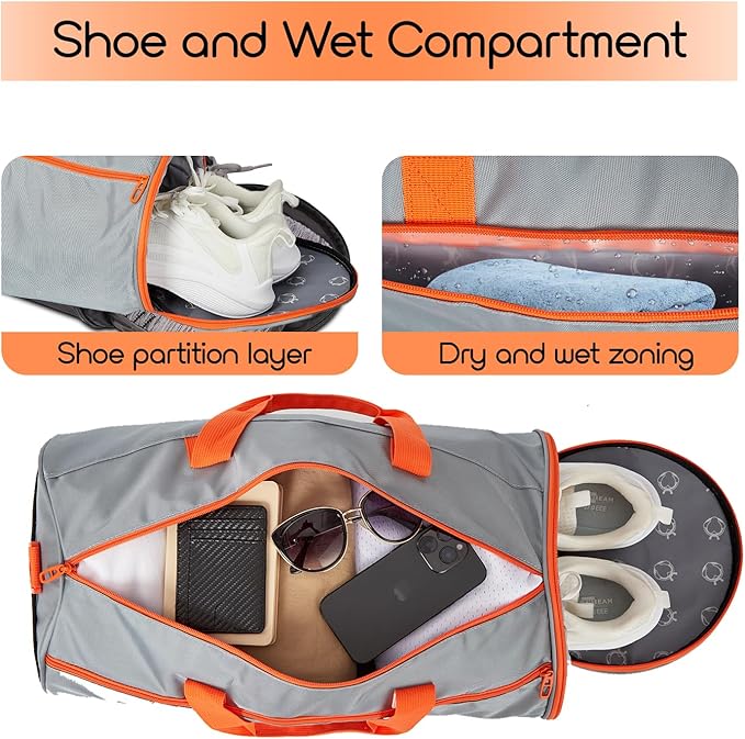 Gym Duffle Bag for Men & Women with Wet & Shoe Separated Compartment, 21 Inch and 30L Large Duffle Bag for travel Carry On, Swimming, Workout, Football. Grey