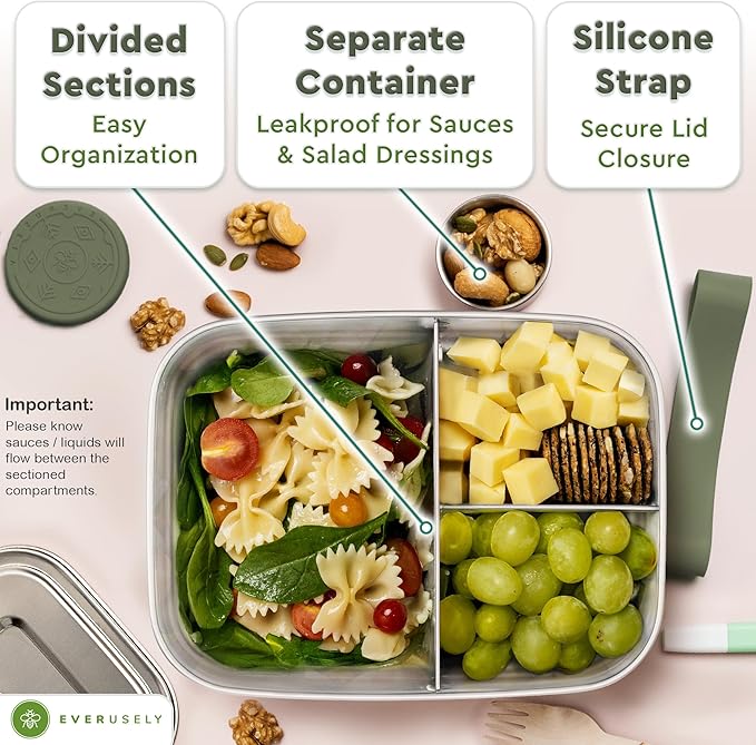 Everusely - Bento Box - Sage, 60oz / 1.8 L - Stainless Steel Lunch Box with Leakproof Condiment Container - 3 Compartment Snack Organizer for On the Go Meals - Freezer & Dishwasher Safe