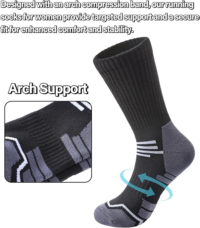 FNOVCO Women's Hiking Walking Running Crew Socks Thick Cushioned Athletic Compression Socks 5 Pairs