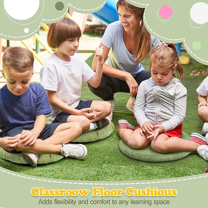 Fumete 8 Pcs 16 Inch Round Floor Cushions for Kids and Toddlers, Flexible Seating Classroom Furniture Floor Pillow for Home, Daycare, Preschool, Yoga and Meditation (Green)