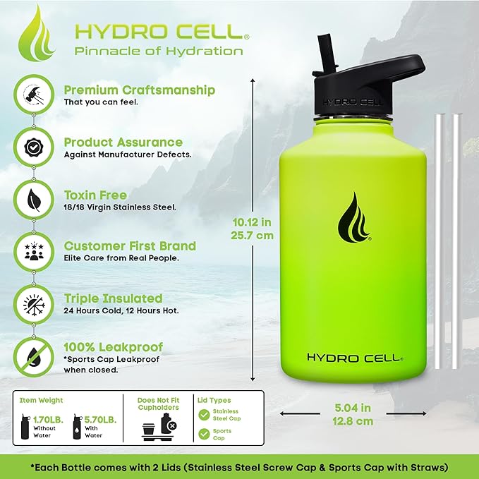 HYDRO CELL Stainless Steel Insulated Water Bottle with Straw - For Cold & Hot Drinks - Metal Vacuum Flask with Screw Cap and Modern Leakproof Sport Thermos for Adults (Neon 64oz)