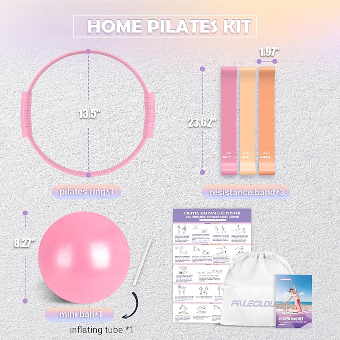 Pilates Essentials Kit for Women, 13.5" Pilates Ring and Ball Set with Resistance Bands for Home Workouts, Portable Pilates Kit with Bag & Training Poster for Full Body Exercise