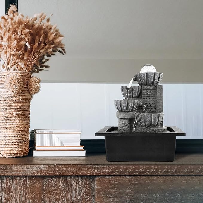 Dyna-Living Water Fountains Indoor Tabletop Water Fountain with LED Rolling Ball Feng Shui Waterfall Fountain for Modern Home Decor Office Living Room Decoration