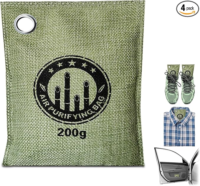 4 Pack charcoal odor absorber,Bamboo Charcoals Air Purifying Bag Charcoals Deodorizer Eliminator for Strong Odors in Car, Closet, Shoe, Basement (200G*4 Pack Green, Unscented)
