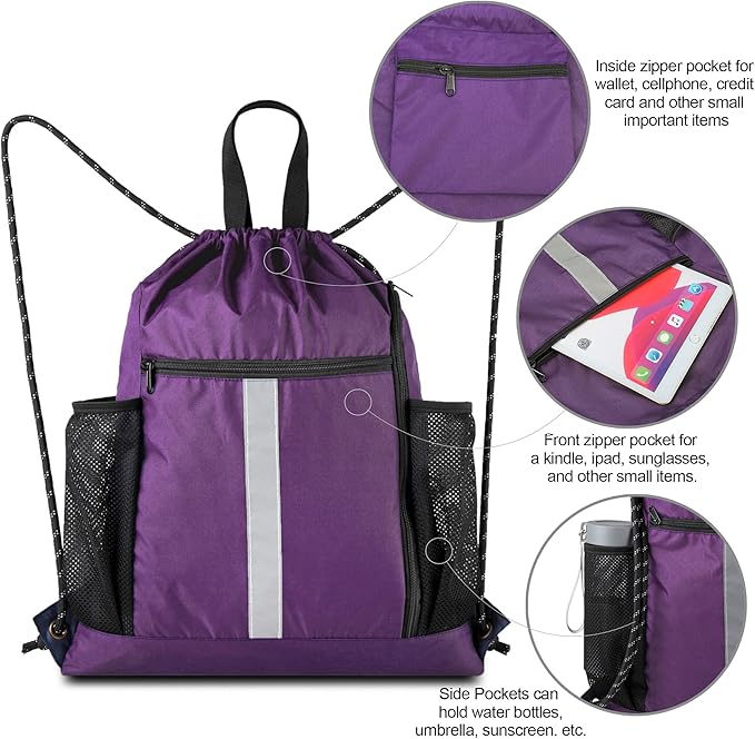 BeeGreen Purple_Drawstring_Backpack_Bag_Sports_Gym_Backpack with Shoe Compartment and Two Water Bottle Holder for Men Women Large String Athletic Sackpack Workbag