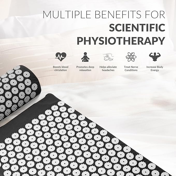 Fitvids Acupressure Mat and Pillow Set for Back/Neck Pain, Acupuncture Products to Relieve Muscle Fatigue, Improve Insomnia for Sedentary People, Acupuncture Eases Stress, Massage Mat, Black