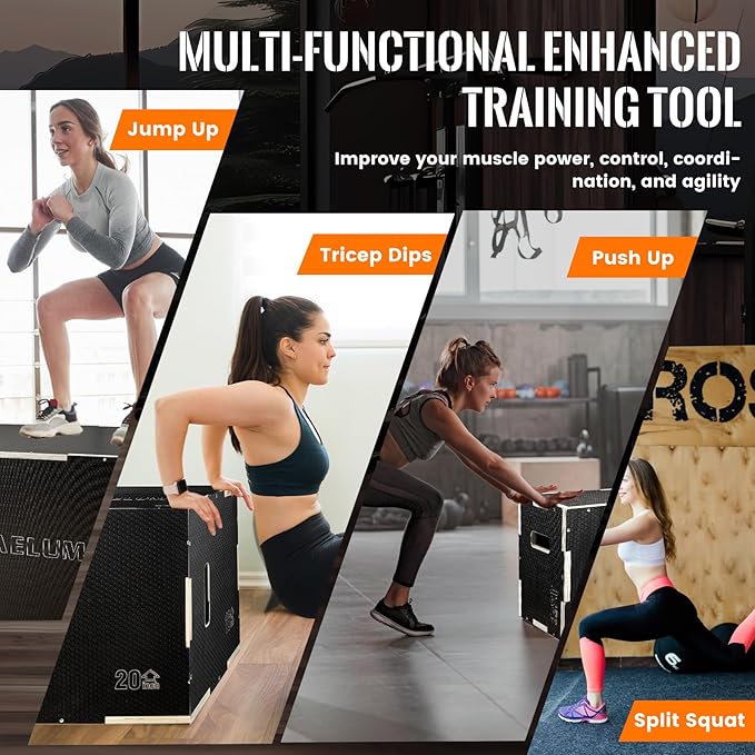 CAELUM 3-in-1 Wood Plyo Box - Non-Slip Plyometric Jump Box for Home & Gym, 400lbs Bearing Fitness Launch Box for Jumping Squats Step-ups Strength Training