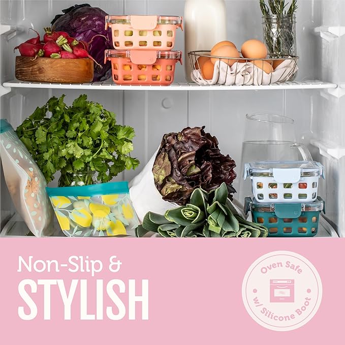 Ello Duraglass 3.4 Cup Meal Prep Sets 10Pc, 5 Pack Set- Glass Food Storage Container with Silicone Sleeve and Airtight BPA-Free Plastic Lids, Dishwasher, Microwave, and Freezer Safe, Meadow