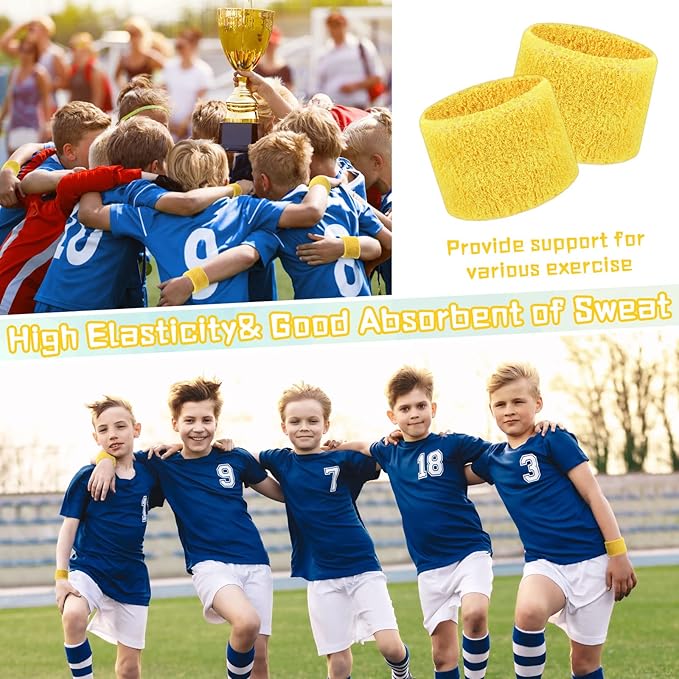Leyndo 72 Pcs Wrist Sweatbands Bulk for Kids Field Day Cotton Terry Sweat Bands Sports Fan Wristbands Kids for Summer Camp Student Football Team Competition Party