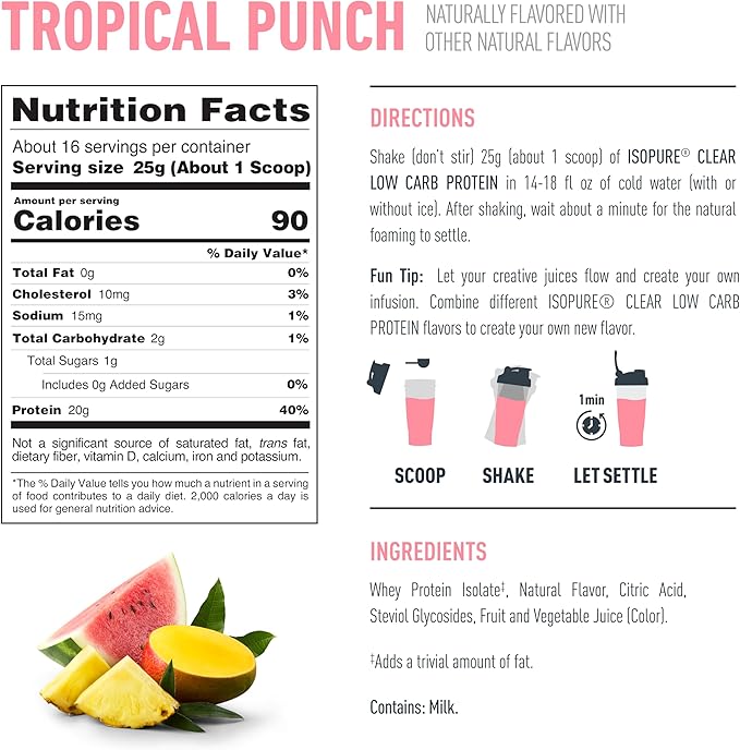 Isopure Clear Whey Isolate Protein Powder, Lactose Free, Gluten Free, Naturally Flavored, Tropical Punch, 20g Protein Per Serving, 14.1 Oz, 16 Servings (Packaging May Vary)