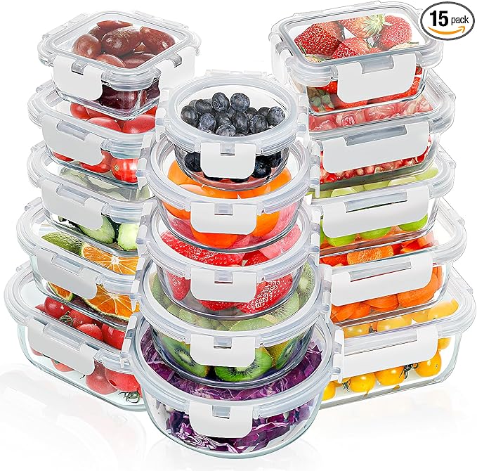 VERONES 30 Pieces Glass Meal Prep Containers Set, Stackable Glass Food Storage Containers with Lids-Airtight Lunch Containers，for Microwave, Oven, Freezer & Dishwasher,White