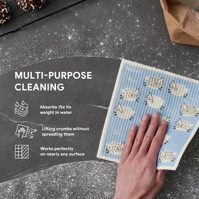 RECYCO Swedish Dishcloths for Kitchen | 6 Pack Farmhouse Friends Washable Dish Rags | Cellulose Reusable Cleaning Paper Towels | Absorbent Counter Dish Cloth Sponge Kitchen Wipes, 8" L x 7" W