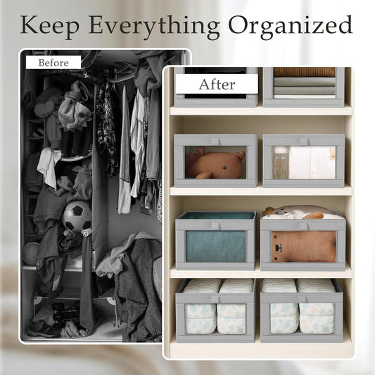 Criusia 8 Pack Linen Closet Organizers and Storage, Large Linen Closet Baskets for Organization, Foldable Storage Containers for Toys, Clothing, Towels, Jeans, Books, Shelves, Grey