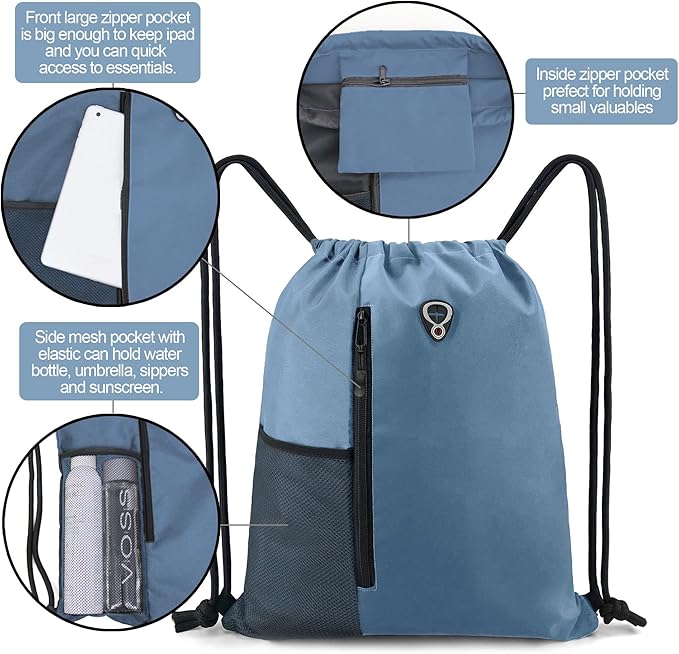 BeeGreen Blue Drawstrings Backpack Gym Sack For Men With Water Bottle Pocket &Front Zippered Pocket Large Sting Bags For WomenTraveling Yoga Beach Outdoor Gym