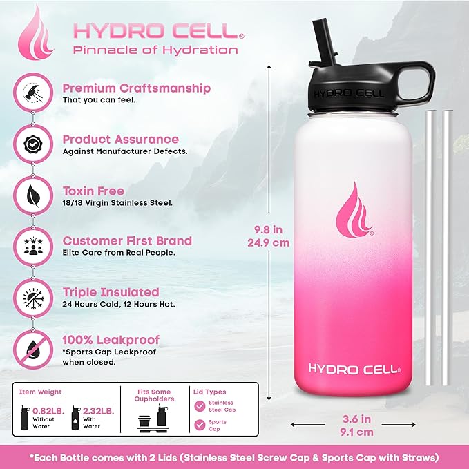 HYDRO CELL Stainless Steel Insulated Water Bottle with Straw - For Cold & Hot Drinks - Metal Vacuum Flask with Screw Cap and Modern Leakproof Sport Thermos for Adults (White/Pink 32oz)