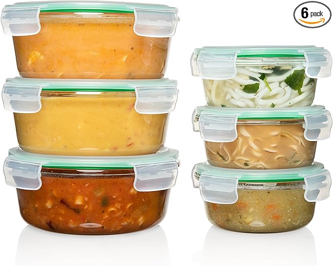 Fusion Gourmet Round Glass Storage Containers with Lids [6 pack] Microwave Safe, Leak-proof, Dishwasher Safe, Oven Safe for Meal Prep Tupperware Set (3 Large + 3 Small, Green)