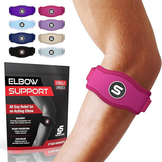 Sleeve Stars Tennis Elbow Brace for Women - Adjustable Tennis Elbow Strap, Golfers Elbow Brace for Men, Counterforce Brace for Tendonitis Relief, Fits 9"-23" (Single/Hot Pink)
