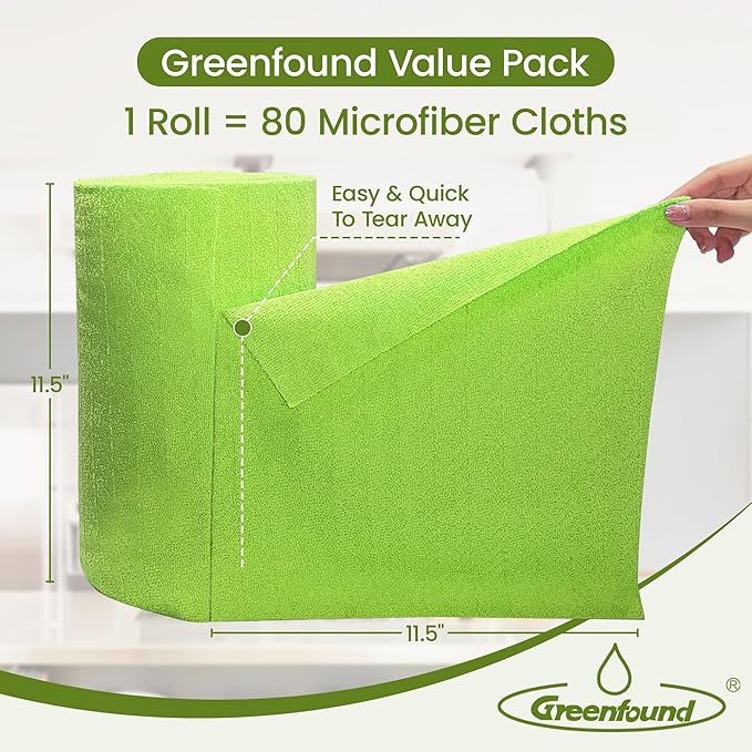 Greenfound Microfiber Cleaning Cloth Roll -80 Pack,Tear Away Microfiber Towels for Car,Reusable Paper Towels Washable,Absorbent,Lint Free Cleaning Rags for House,Kitchen,Window-11.5"×11.5"(Wave Green)