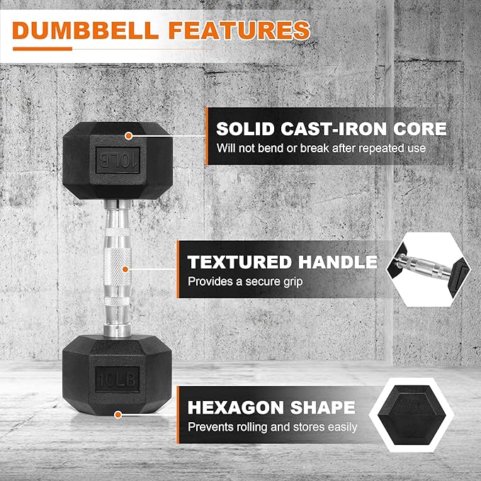 Hex Rubber Coated Dumbbells Hand Weights Pairs for Exercises and Fitness and Home Gym, Pairs