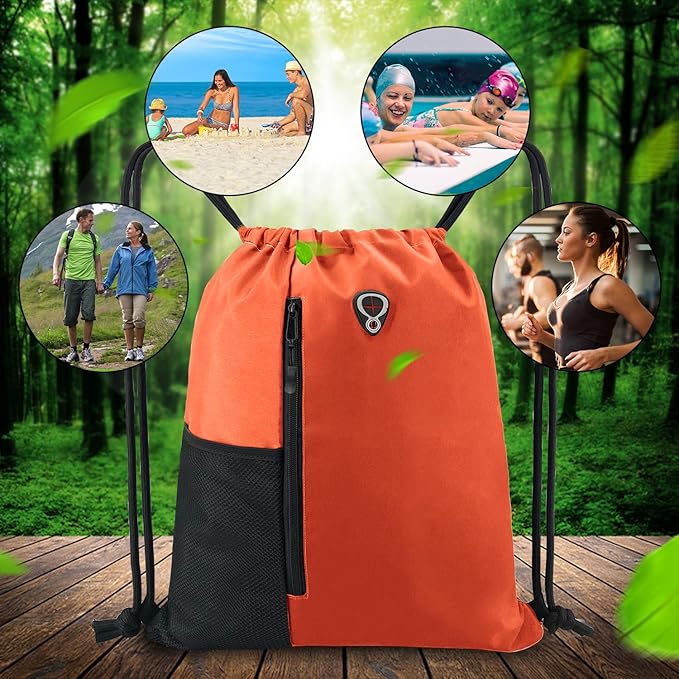 BeeGreen Orange Drawstring Backpack Gym Bag For Men & Women – Sports Sackpack with Mesh Water Bottle Holder & 2 Zippered Pockets – Large 16x20 Inch Cinch String Backpack