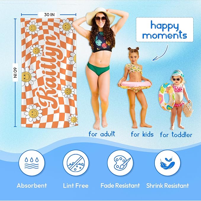 JML Personalized Beach Towel with Name, Custom Flower Beach Towel, Customized Microfiber Pool Towel, Quick Dry & Absorbent Swim Towel for Adult,Anniversary, Birthday, Summer Holiday,Vacation