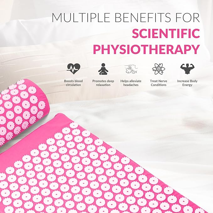 Fitvids Acupressure Mat and Pillow Set for Back/Neck Pain, Acupuncture Products to Relieve Muscle Fatigue, Improve Insomnia for Sedentary People, Acupuncture Eases Stress, Massage Mat, Pink