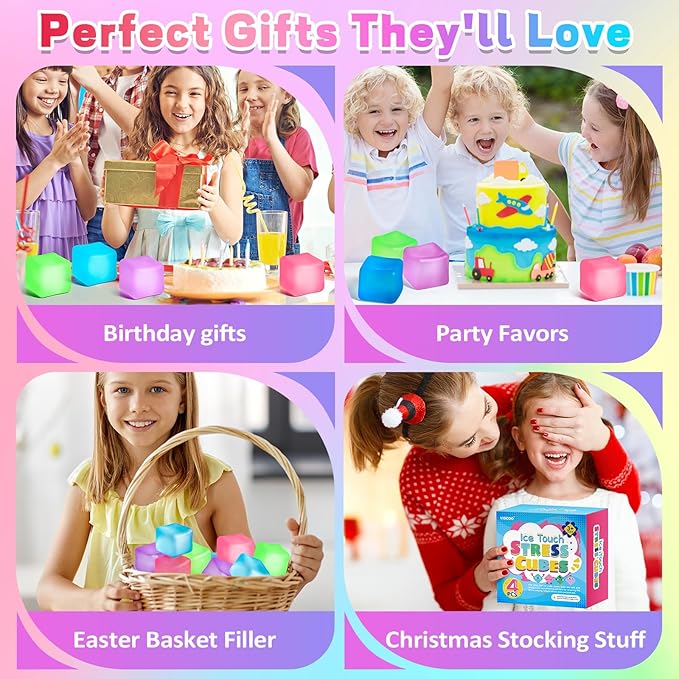 4 Pack Stress Cube, Slow Rising Ice Cube Stress Balls for Adults Kids, Sensory Fidget Toy for Anxiety Relief, Square Shape Squishy Balls for Classroom Prizes, Nice Cube Squishy for Party Favors