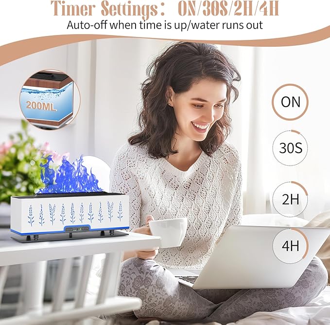 Colorful Essential Oil Diffuser, 7 Colors Flame Fire Diffuser, 200ML Ultra-Quiet Aromatherapy Diffuser with Remote Control, Timer Up, Auto-Off Protection for Home,Office,Bedroom (White)