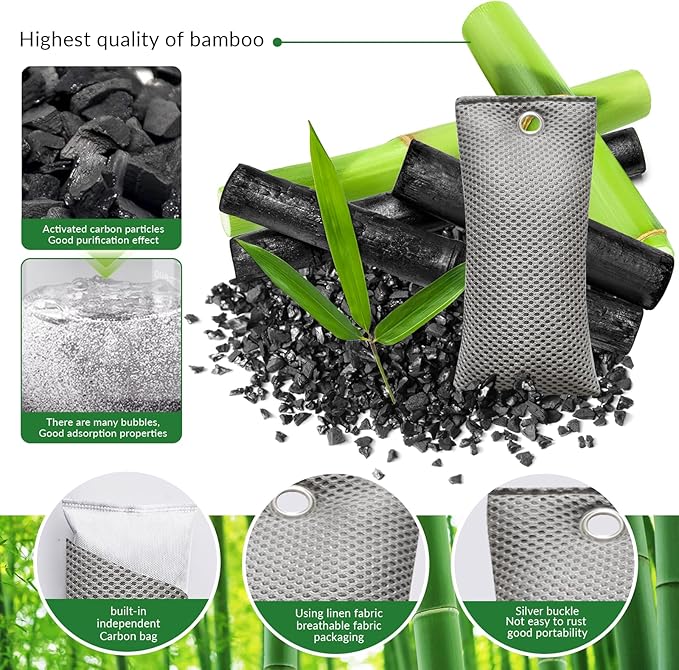 4 Pack charcoal odor absorber,Bamboo Charcoals Air Purifying Bag Charcoals Deodorizer Eliminator for Strong Odors in Car, Closet, Shoe, Basement (75G*4 Pack Gray, Unscented)