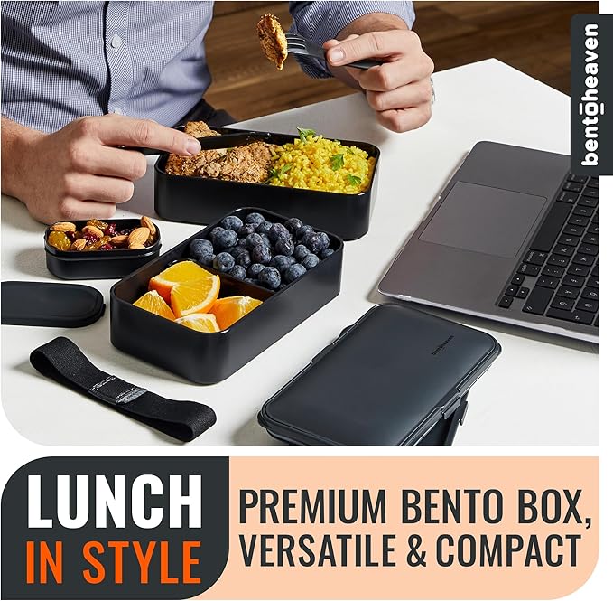 Bentoheaven Premium Bento Box Adult Lunch Box with Compartments for Women & Men, Set of Utensil & Chopsticks & Dip Container, Cute Japanese Kids Bento Lunch Box, Microwavable (Outer Space)