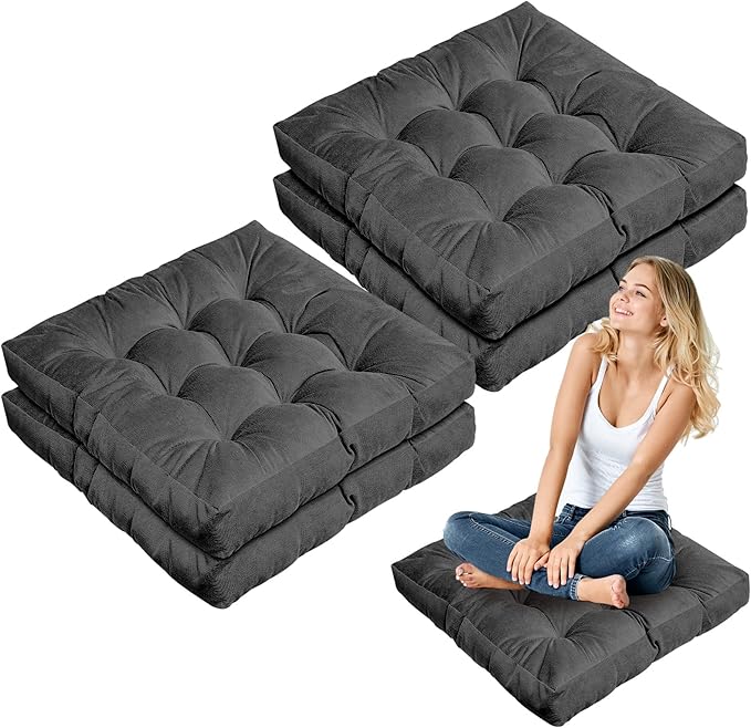 Jerify Floor Pillow Cushions 22 x 22 Inch Round Square Large Meditation Floor Pillow for Classroom Adult Meditation Picnic Party Cushion for Seating Gift Christmas(Square,Dark Grey,4 Pcs)