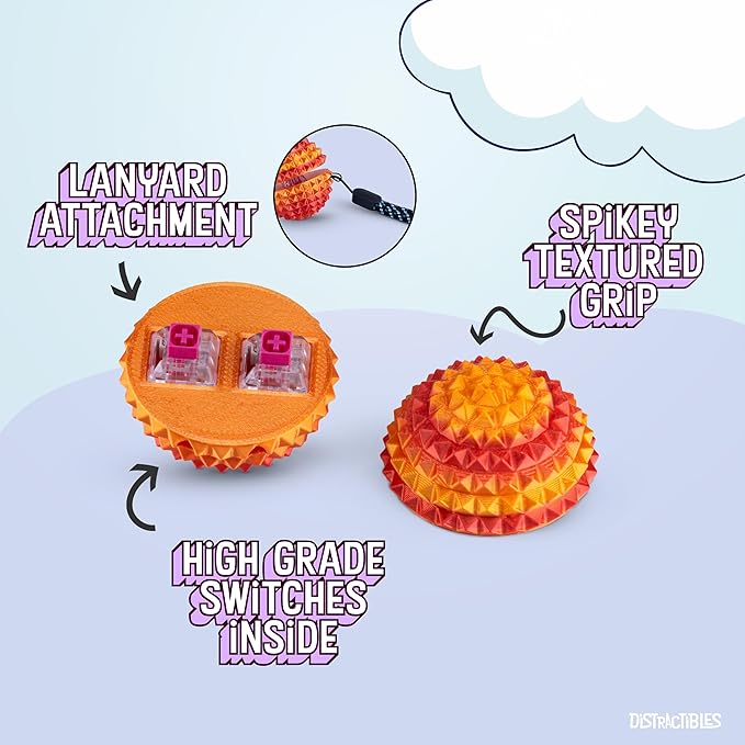 Round Spiked Sensory Fidget Clicker, Tactile Stimming Device with Mechanical Clicky Switches, Lanyard Attachment, Ideal for Pain Stim, ADHD, Autism & Stress Relief (NEON NOVA, Medium)