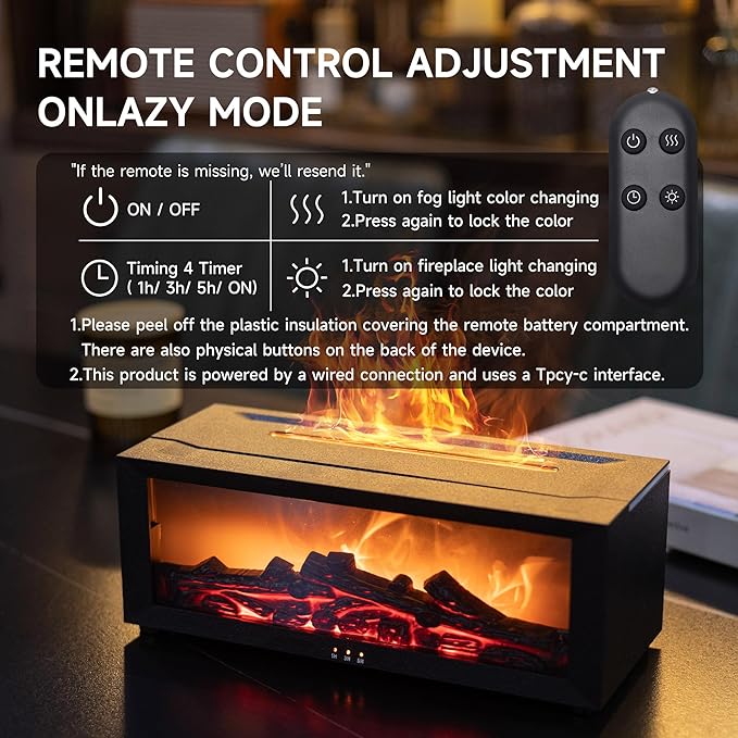 Fireplace Flame Air Diffuser Humidifier,7 Colors Aromatherapy Essential Oil Diffuser,Ultrasonic Aroma Humidifier with Timer for Home,Bedroom,Office,Yoga (BlackB, L)