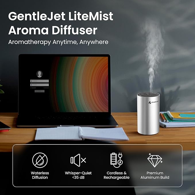 LiteMist Waterless Essential Oil Diffuser - Aluminum Aromatherapy Oil Diffuser, Rechargeable USB-C Scent Diffusers for Home, Car & Office, Quiet Operation, 0.35oz/0.7oz Bottle Capacity