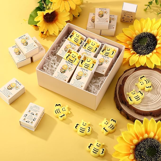 Wettarn 12 Sets Bee Gifts Positive Cute Stress Balls with Support Gift Boxes Inspirational Party Favors for Employee Coworker Friends Office Stress Relief Toys
