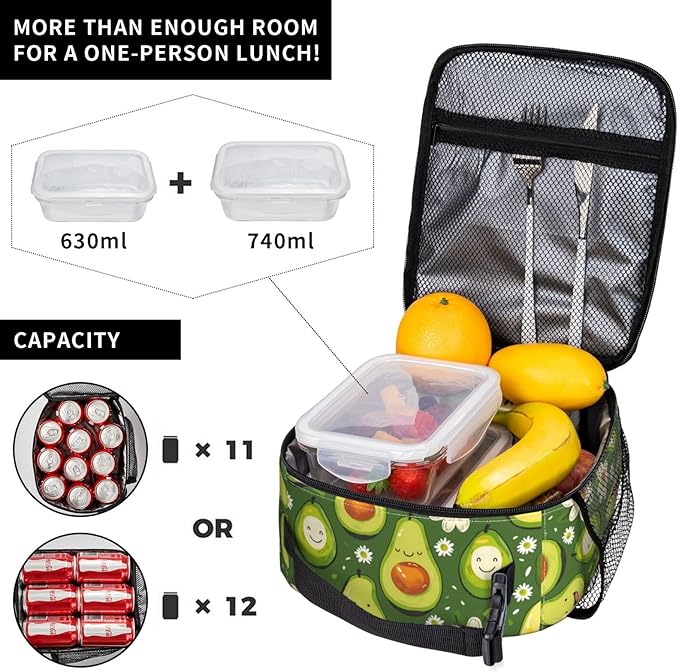 Insulated Lunch Box for Women Men, Avocado Theme Lunch Box Reusable Portable Lunch Bag Cooler Tote Waterproof Lunch Container for Office Picnic Work Travel