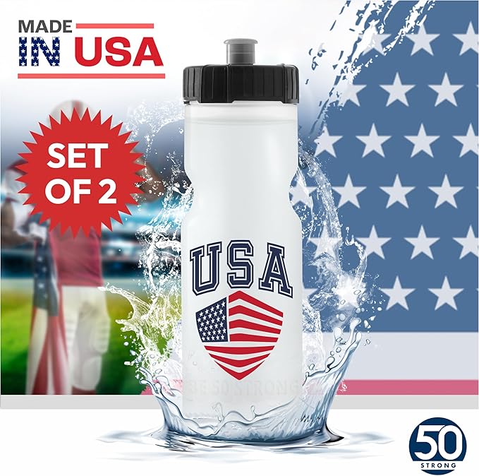 50 Strong Sports Water Bottles – Reusable 22 oz BPA-Free Plastic Bottles with Pull Top Cap – Made in USA – Top Rack Dishwasher Safe – Fits Most Bike Cages Brand
