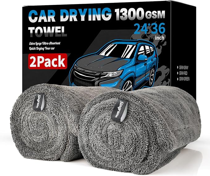 2 Pack XL Car Drying Towel – 1300GSM Ultra Absorbent Microfiber, 24"x36" Large Size, Twisted Loop, Lint-Free & Streak-Free for Auto Detailing, Car, SUV, Truck (Gray-Gray)
