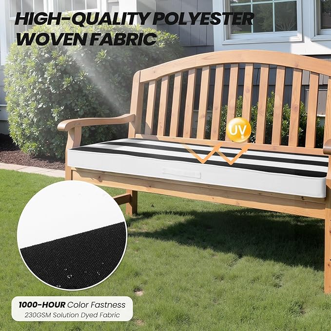 Crestlive Products Outdoor Bench Cushion 42 x 18 Inch, Waterproof Patio Bench Cushions for Outdoor Furniture, Porch Swing Replacement Pad with 30D Foam, Adjustable Straps, Black White Stripe