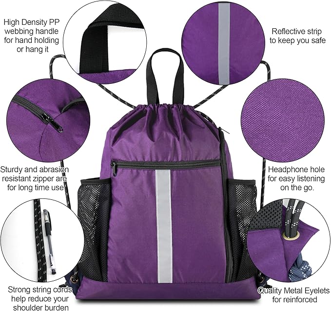 BeeGreen Purple_Drawstring_Backpack_Bag_Sports_Gym_Backpack with Shoe Compartment and Two Water Bottle Holder for Men Women Large String Athletic Sackpack Workbag