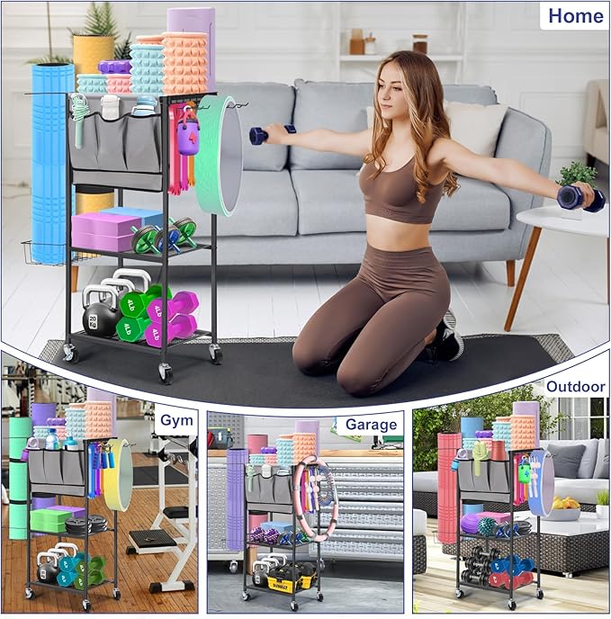 NANANARDOSO Home Gym Storage Rack, Yoga Mat Storage and Gym Organizer Rack for Home Exercise, Gym Portable and Movable Equipment Rack for Yoga Mats, Foam Rollers, Dumbbells, Resistance, Black