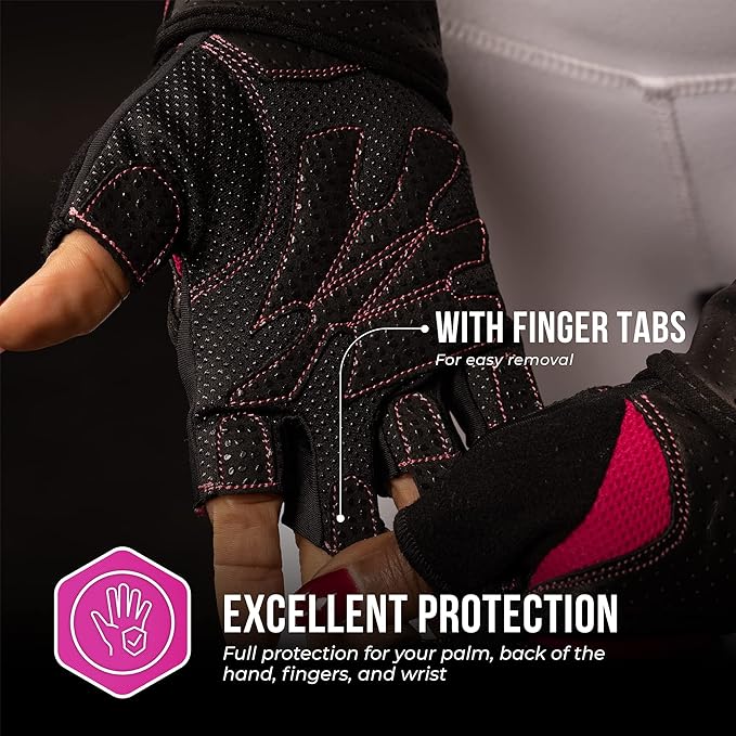 5737 Womens Padded Wrist Wrap Weight Lifting Gloves w/GripLock Padding (Pair) - Machine Washable Fingerless Workout Gloves w/Wrist Support Designed for Women