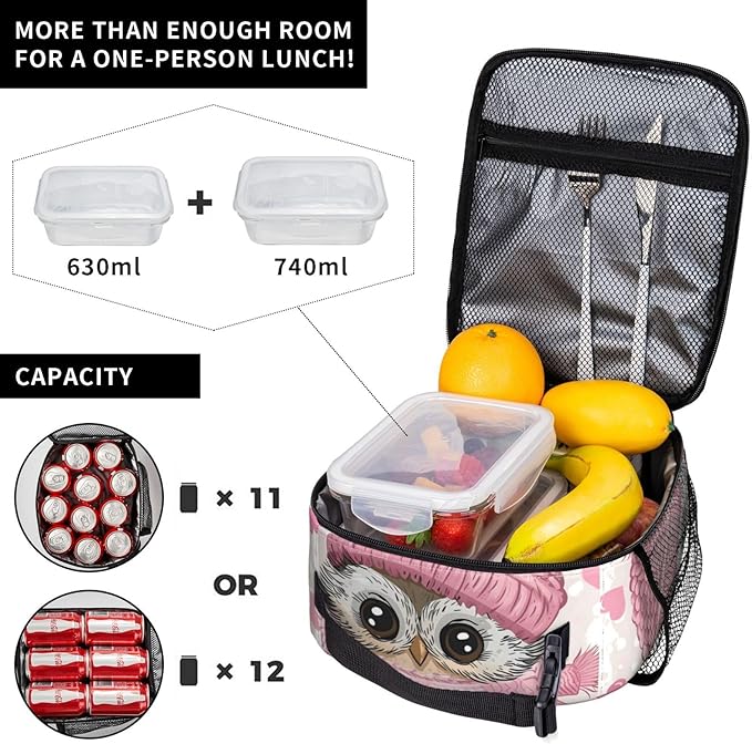 Cute Owl Lunch Box for Women Adults Kids, Insulated Cooler Lunch Bag for Picnic, School, Office, Travel, Work, Portable Reusable Polyester Tote Thermal Lunch Bags (Winter Owl)