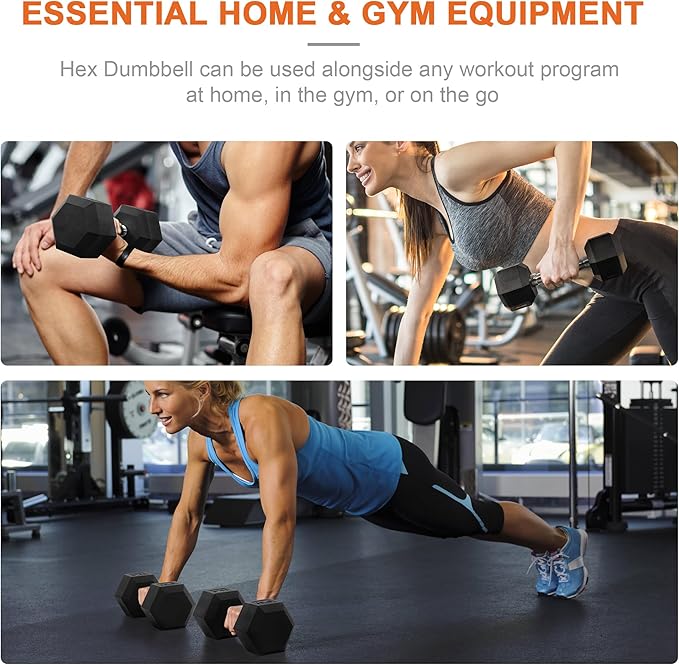 Hex Rubber Coated Dumbbells Hand Weights Pairs for Exercises and Fitness and Home Gym, Pairs