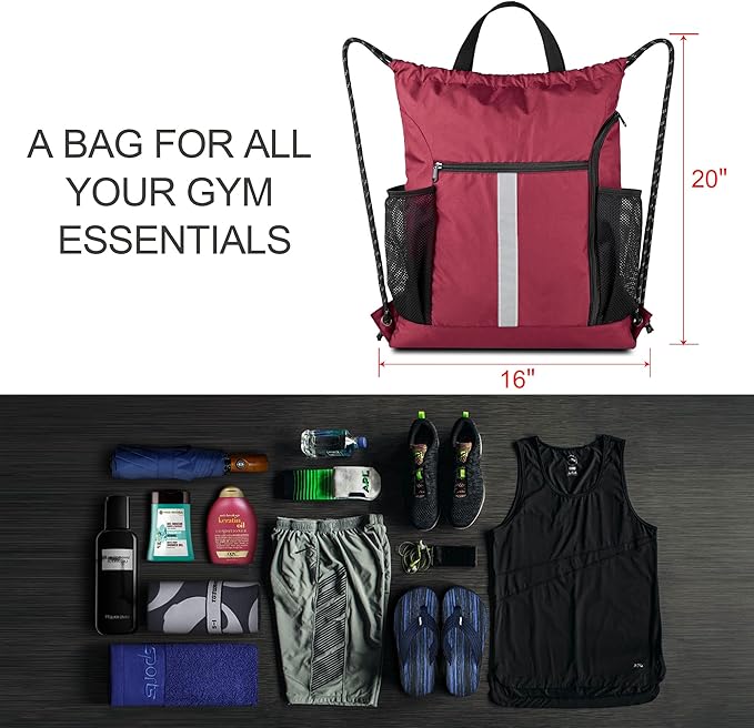 BeeGreen Gym Sack Drawstring Bag Sports String Backpack with Shoe Compartment and Two Water Bottle Holder for Unisex Men Women Heavy Duty Cinch Sackpack