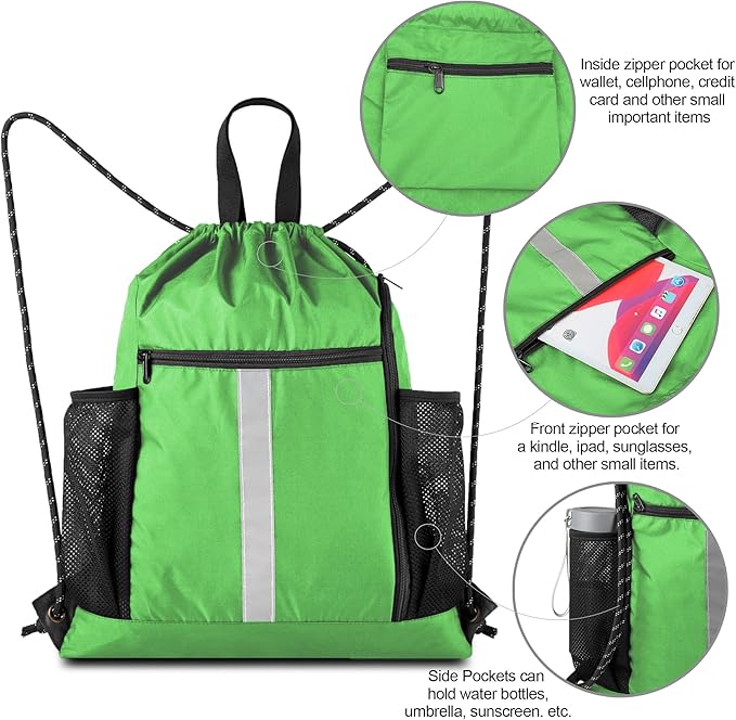 BeeGreen Bright Green Drawstring Backpack Bag Sports Gym Backpack with Shoe Compartment and Two Water Bottle Holder for Men Women Large Athletic Cinch Sackpack Workbag