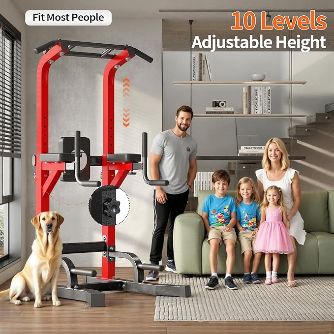 DlandHome Power Tower Pull Up Bar Station, Heavy Duty Adjustable Height for Home Gym Strength Training Equipment 330LBS Weight Capacity, Pull Up Dip Station